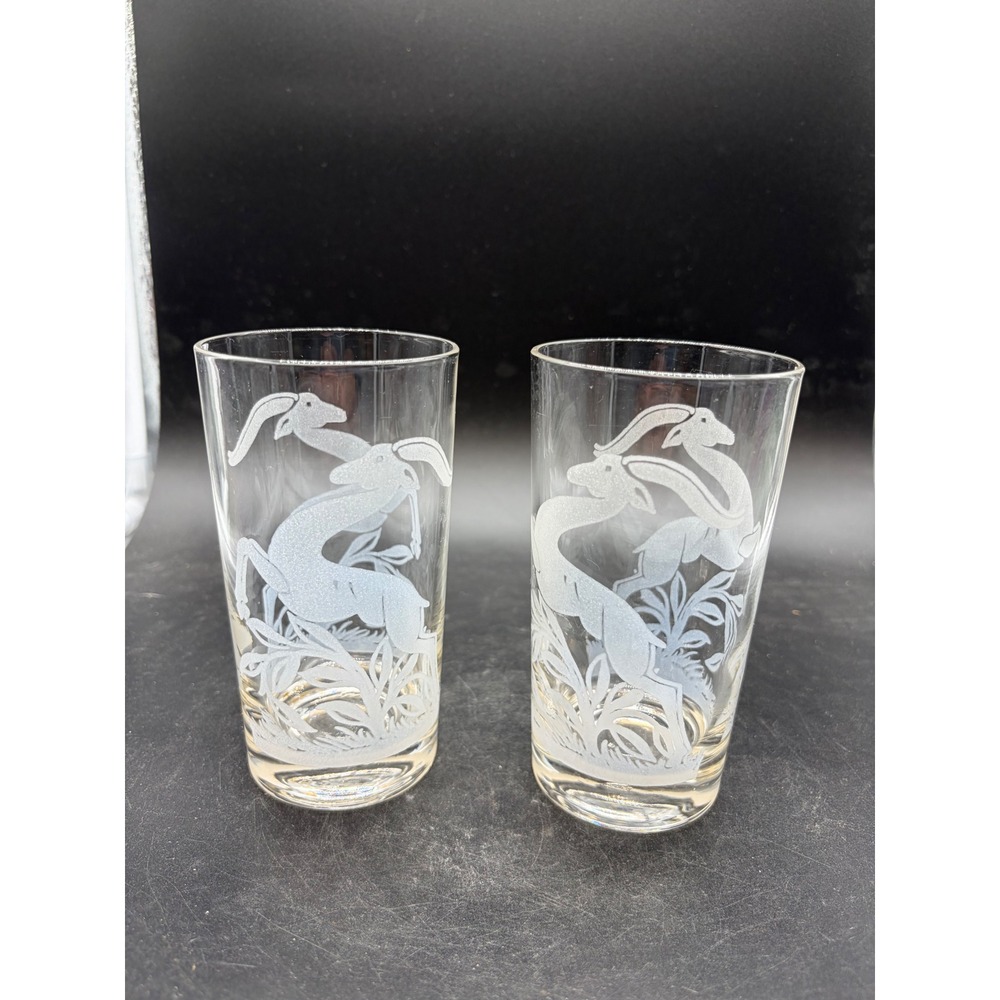 Vintage Frosted Gazelle Highball Glasses Set of 2 Mid Century Modern Barware‎